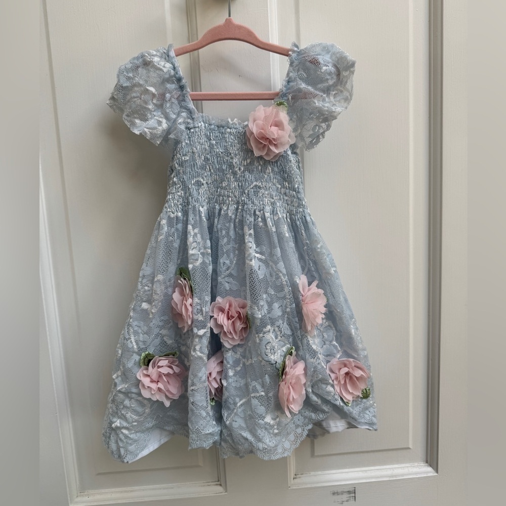 Biscotti Collection 2T Girls Light Blue Lace Floral Short Sleeve Dress